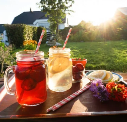 To mason jar drinker med sugerør på et trebrett utendørs, en med bær og den andre med iste, i sterkt sollys med blomster og hagebakgrunn.