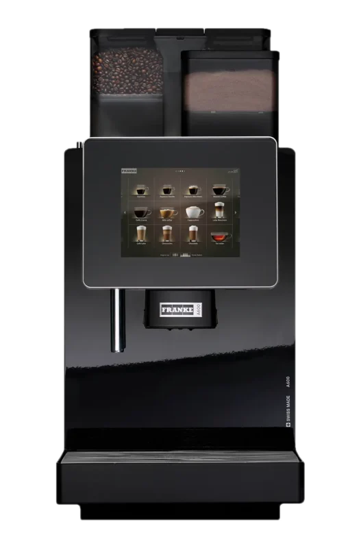 En moderne franke kaffemaskin med berøringsskjermgrensesnitt, doble bønnerom og en dyse for uttak av drikke.
