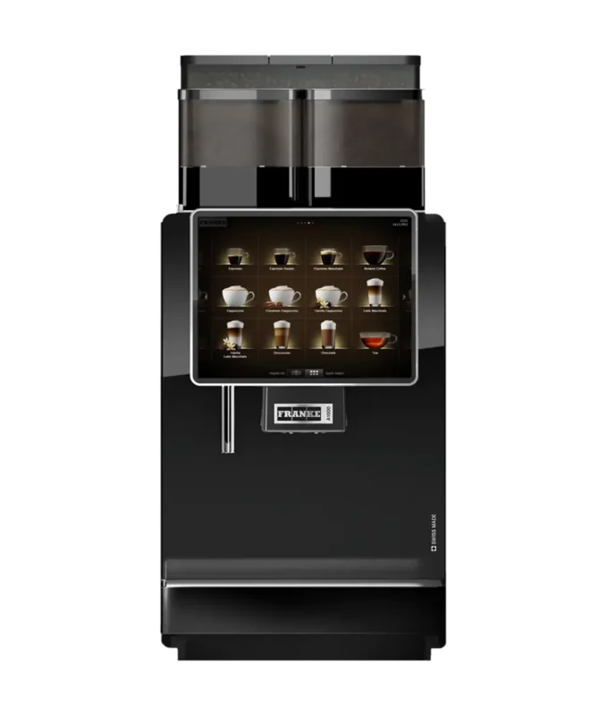 En moderne svart Franke A1000 kaffemaskin med digitalt display som viser ulike kaffealternativer og merkelogoen "Franke" nederst.