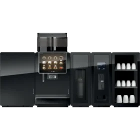 Toppvisning av en moderne Franke A1000 kaffemaskin med flere dispensere, digitalt display, koppoppbevaring og integrert melkekjøler.