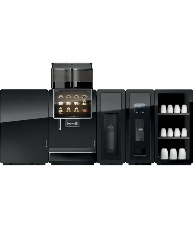 Toppvisning av en moderne Franke A1000 kaffemaskin med flere dispensere, digitalt display, koppoppbevaring og integrert melkekjøler.