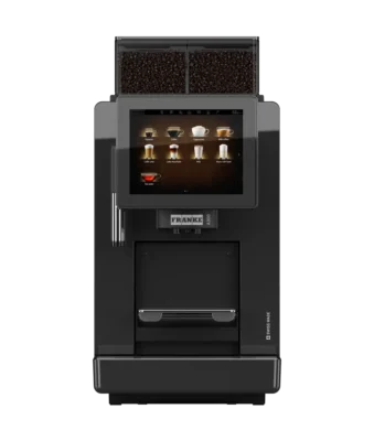 En frank kaffemaskinbedrift med doble bønnebeholdere, flere drikkealternativer vist, og en nedre koppdispenser, isolert på hvit bakgrunn.
