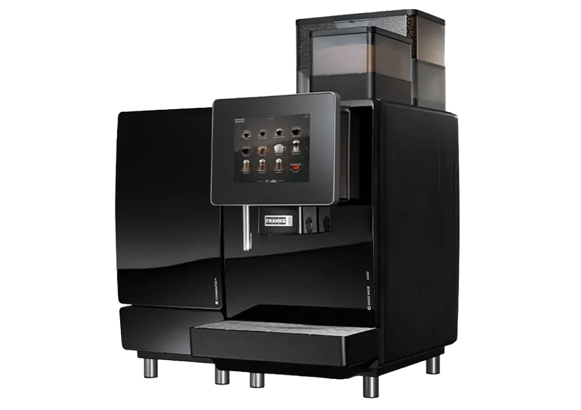 En svart Franke SB1200 kaffemaskin med berøringsskjerm og en beholder for kaffebønner på toppen, vist mot en hvit bakgrunn.