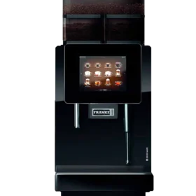 En moderne Franke A600 kaffemaskin med digitalt display som viser ulike kaffealternativer og doble kaffebønnebeholdere på toppen.