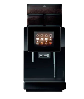 En moderne Franke A600 kaffemaskin med digitalt display som viser ulike kaffealternativer og doble kaffebønnebeholdere på toppen.