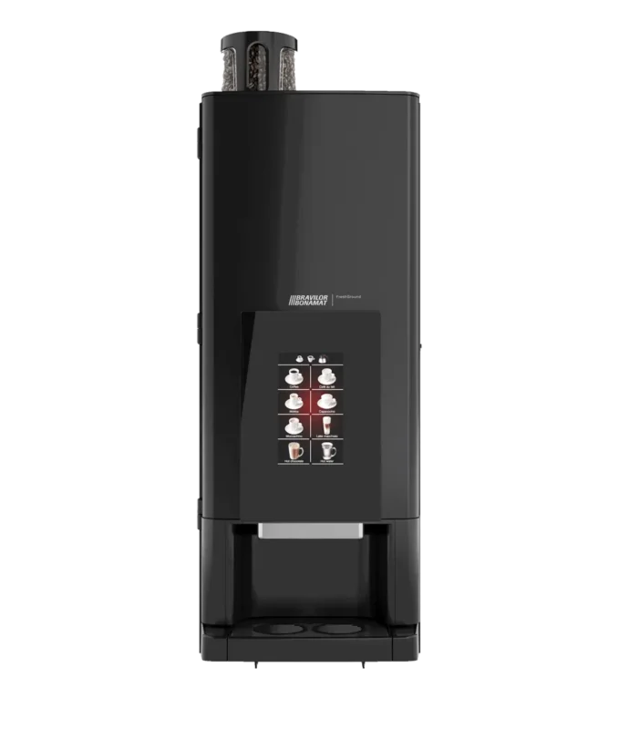 En moderne Bravilor Bonamat Freshground kommersiell kaffemaskin med en digital berøringsskjerm og menyalternativer, satt mot en hvit bakgrunn.