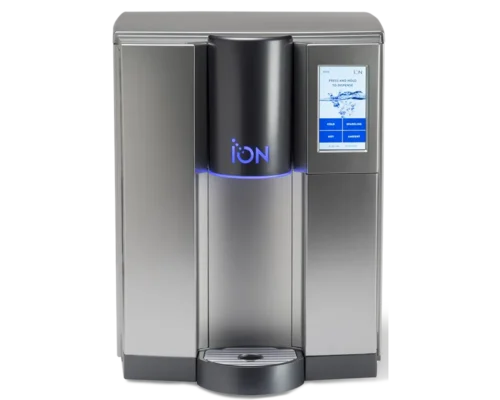 Moderne vanndispenser med digitalt grensesnitt og blå belysning, med en elegant, metallisk design.