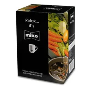 En boks med øyeblikkelig grønnsakssuppe fra miko, med bilder av suppen og ferske grønnsaker, med teksten "slapp av... det er miko.