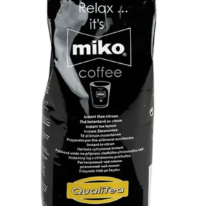 En svart kaffepose merket "miko coffee" for umiddelbar bruk, med tilberedningsinstruksjoner på flere språk.