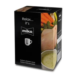 En boks med instant kyllingsuppe av merket miko med et klart vindu som viser suppen inni, merket på engelsk og tysk.