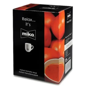 En boks med øyeblikkelig tomatsuppe av merket miko med bilder av tomater og en kopp suppe, merket på flere språk.