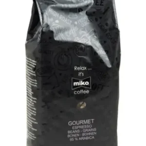 En svart kaffepose merket "miko" med tekst som leser "high roast gourmet espresso beans - 95% arabica.