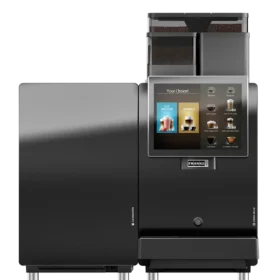 En elegant, svart Franke SB1200 kaffemaskin med en digital berøringsskjerm som viser ulike drikkealternativer.