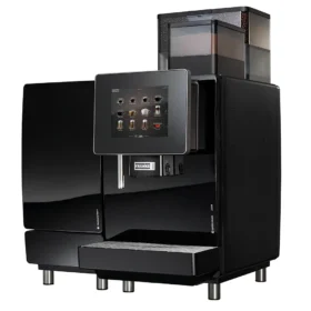 En elegant svart kaffemaskin med digitalt display og innebygd kvern på toppen.