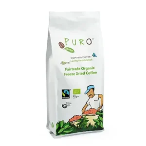 En pose med puro fairtrade økologisk frysetørket kaffe, med en logo og en illustrasjon av en bonde som høster kaffebønner.
