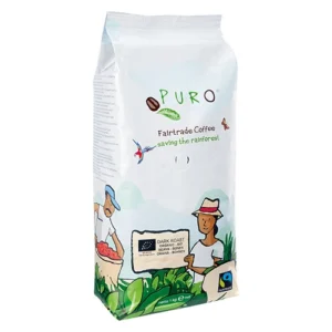 En pose med puro fairtrade-kaffe med illustrasjoner av en bonde, kaffebønner og et budskap om bevaring av regnskogen.