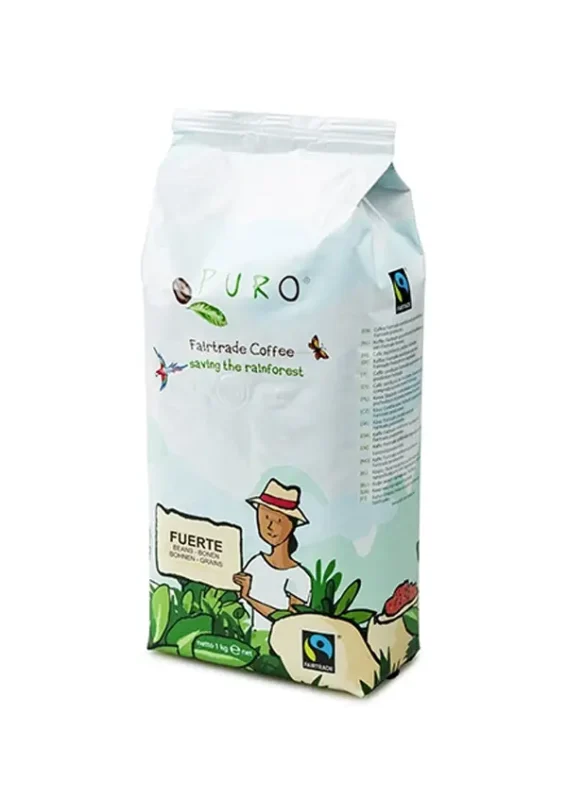 En pose puro fairtrade kaffe med teksten "redde regnskogen", med en tegning av en bonde, planter og en fugl på hvit bakgrunn.