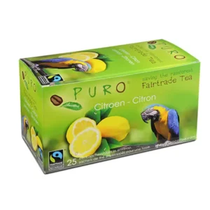 En boks med puro fairtrade-te med sitronsmak, med bilder av sitroner og en papegøye på emballasjen.
