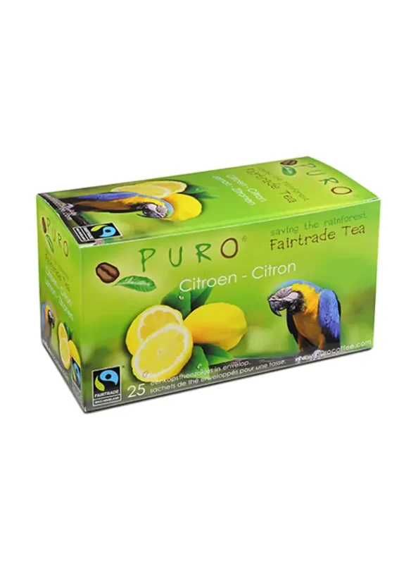 En boks med puro fairtrade-te med sitronsmak, med bilder av sitroner og en papegøye på emballasjen.
