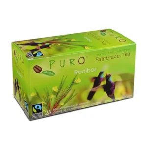 En boks med puro fairtrade rooibos-te med bilder av natur og en fargerik fugl, som fremmer bevaring av regnskogen.