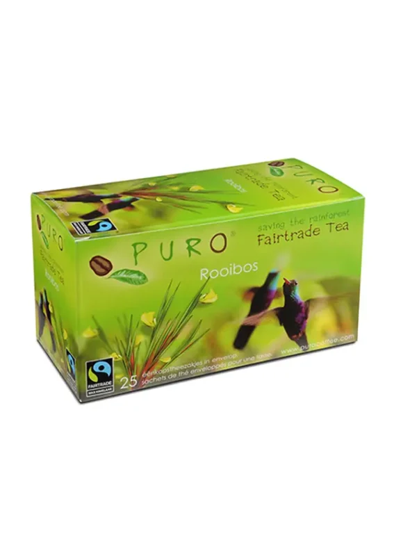 En boks med puro fairtrade rooibos-te med bilder av natur og en fargerik fugl, som fremmer bevaring av regnskogen.