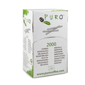 Eske med puro kafferørere på hvit bakgrunn, merket "2000 røreverk" med flere språkbeskrivelser og et grønt bladdesign.