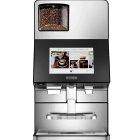 Forfra av en elegant Wittenborg w100 kaffemaskin, med en moderne digital berøringsskjerm og en synlig kaffebønnebeholder.