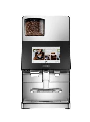 Forfra av en elegant Wittenborg w100 kaffemaskin, med en moderne digital berøringsskjerm og en synlig kaffebønnebeholder.
