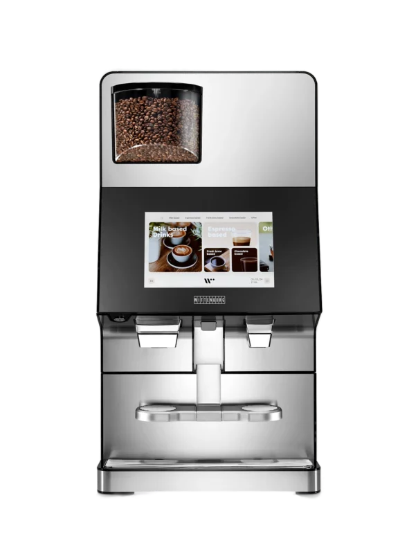 Forfra av en elegant Wittenborg w100 kaffemaskin, med en moderne digital berøringsskjerm og en synlig kaffebønnebeholder.