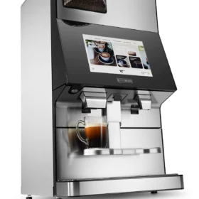 Opplev Wittenborg w100 kaffemaskin, en elegant kaffemaskin med digitalt display som brygger den perfekte koppen kaffe. Med en trakt fylt med bønner på toppen og en elegant metall og svart design, er det den ideelle blandingen av stil og funksjonalitet.