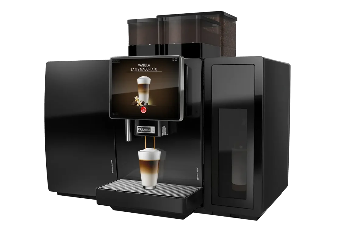 Elegant svart kaffemaskin med digitalt display som viser en vanilje latte macchiato.