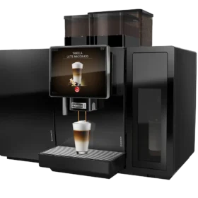 Elegant svart kaffemaskin med digitalt display som viser en vanilje latte macchiato.