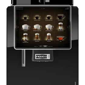 Franke kommersiell kaffemaskin med berøringsskjerm som viser ulike kaffealternativer.