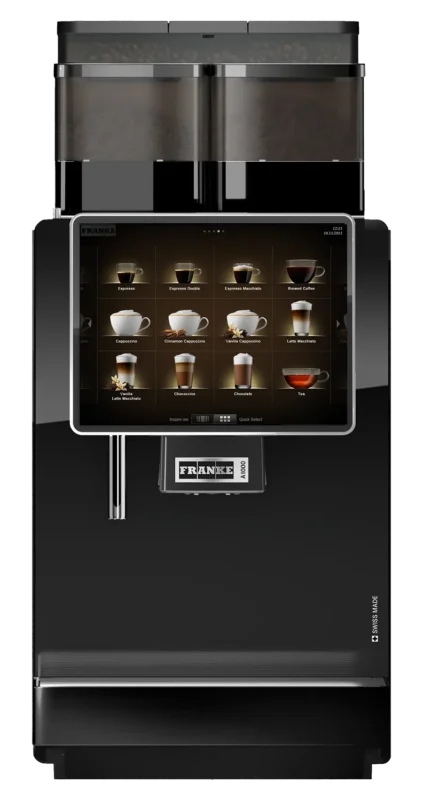 Franke kommersiell kaffemaskin med berøringsskjerm som viser ulike kaffealternativer.
