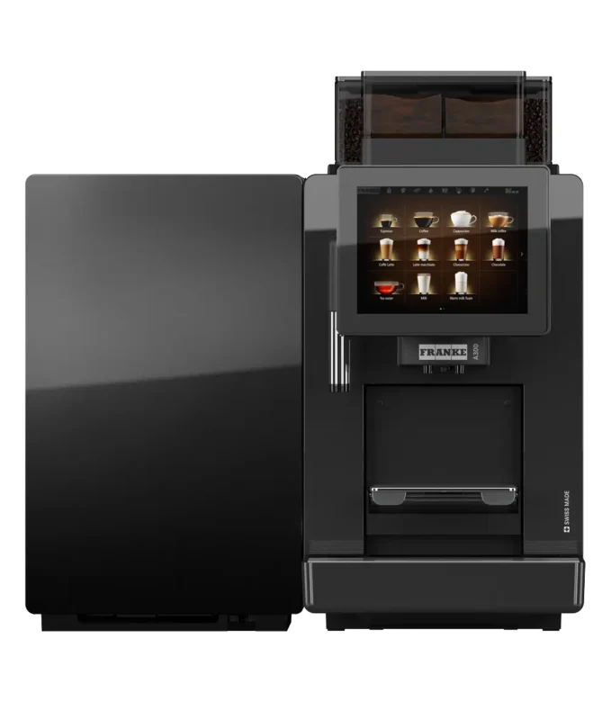 En moderne Franke A300 kaffemaskin, svart, med digitalt display som viser ulike kaffealternativer, isolert på hvit bakgrunn.