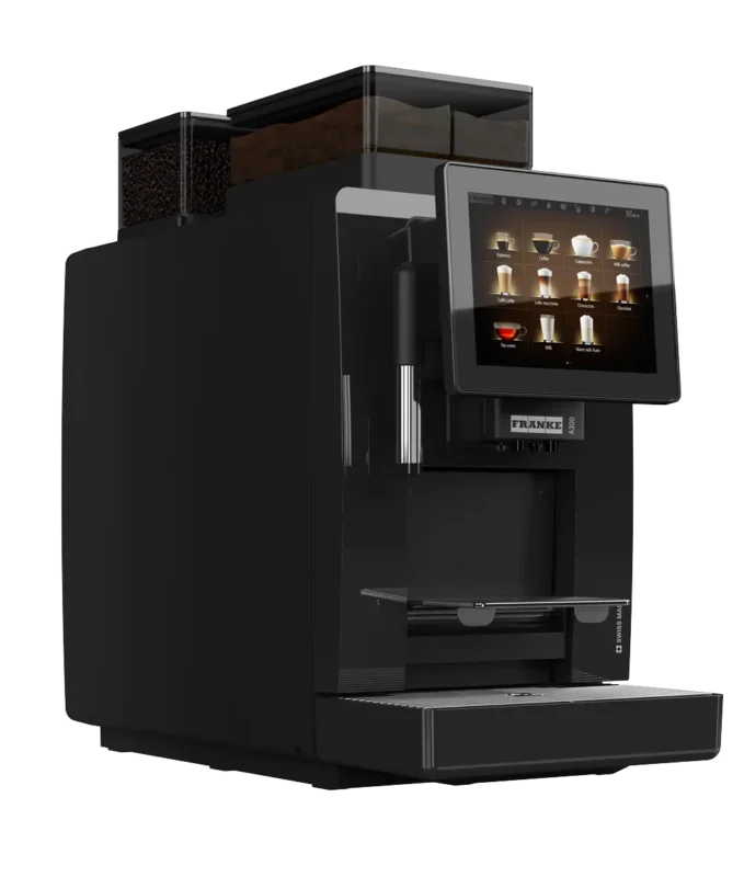 Moderne Franke A300 kaffemaskin med digitalt berøringsskjermgrensesnitt og flere drikkealternativer, vist på en gjennomsiktig bakgrunn.