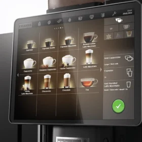 En digital Franke A800 kaffemaskin-skjerm med utvalg av ulike kaffedrikker som espresso, latte og cappuccino.