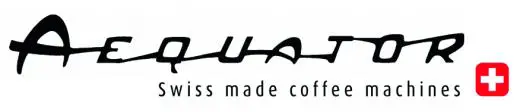Logo for "aequator", med stilisert svart tekst og "sveitsisk lagde kaffemaskiner", med et rødt sveitsisk kors.