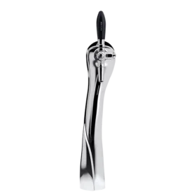 Sidevisning av en moderne, elegant, svart vanndispenser med en kromjusteringsarm, satt mot en gradient grå bakgrunn.