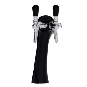 En svart vanndispenser med to sølvhåndtak og koblinger, isolert på en hvit bakgrunn.