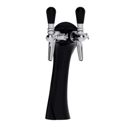 En svart vanndispenser med to sølvhåndtak og koblinger, isolert på en hvit bakgrunn.