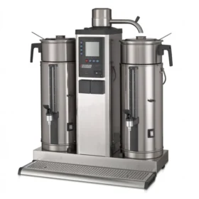 Containertrakter B5 er en kommersiell kaffetrakter i rustfritt stål med to store urner, kontrollpanel, tappekraner og dryppebrett - perfekt utformet for servering av store mengder drikkevarer.
