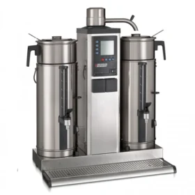 Containertrakter B5 kaffebrygger i rustfritt stål med to store urner, digitale kontroller, tuter og dryppbrett, vist mot en hvit bakgrunn.