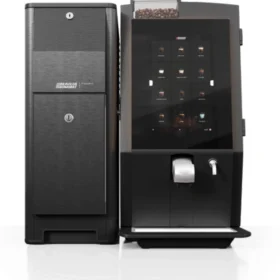 Bravilor Bonamat Esprecious 22 kaffemaskin har en elegant design med berøringsskjerm og et praktisk bønnerom på toppen. Den vedlagte enheten på venstre side sikrer sømløs drift for din perfekte kopp kaffe.