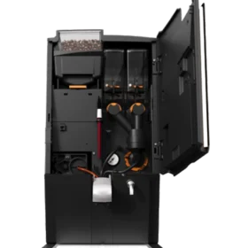 En svart Bravilor Bonamat Esprecious 22 kaffemaskin med frontpanelet åpent, og avslører interne komponenter, inkludert bønnebeholderen, kvernen og bryggeenheten.