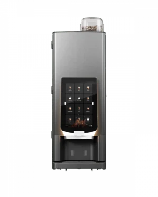 En kommersiell kaffemaskin med berøringsskjermgrensesnitt og en synlig bønnebeholder på toppen, mot en vanlig bakgrunn.