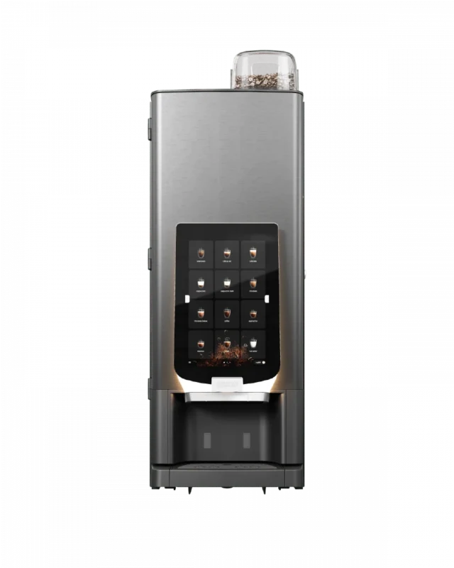 En kommersiell kaffemaskin med berøringsskjermgrensesnitt og en synlig bønnebeholder på toppen, mot en vanlig bakgrunn.