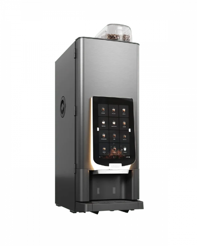 En kommersiell kaffemaskin i rustfritt stål med berøringsskjerm og en synlig kaffebønnebeholder på toppen.