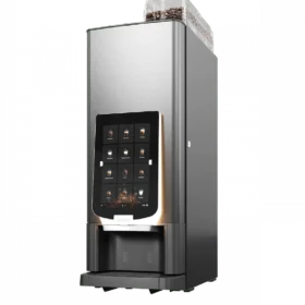En moderne automatisk kaffemaskin med berøringsskjerm og en gjennomsiktig beholder fylt med kaffebønner på toppen.