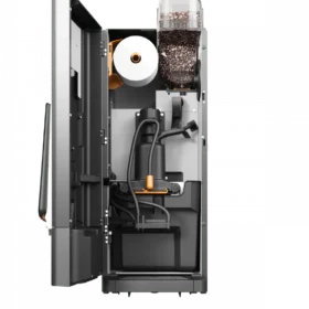 Åpen visning av en kaffemaskin som viser interne komponenter, inkludert en vannbeholder, kaffebønnebeholder, slanger og ledninger.